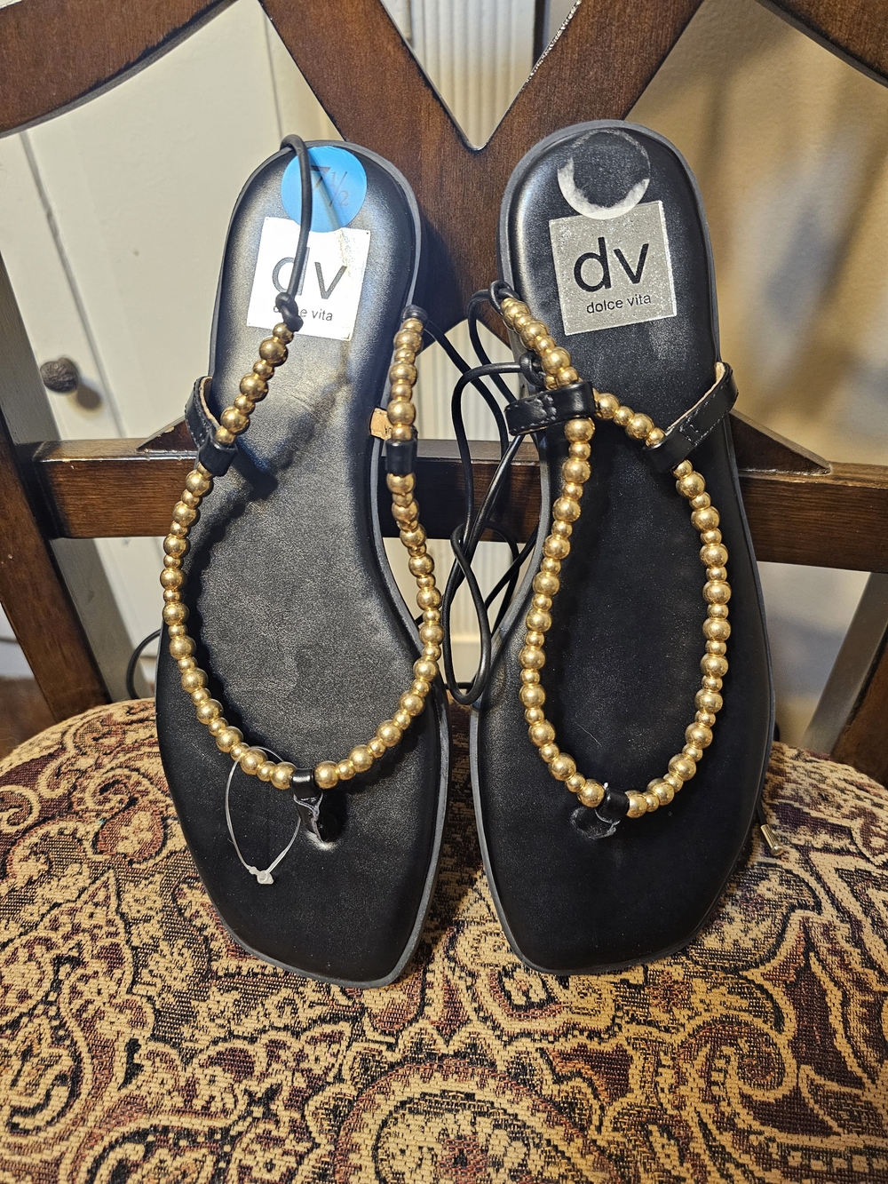 Dolce Vita Women's Black Sandals with Gold Beaded Straps